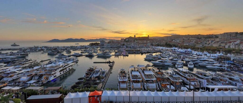 Cannes Yachting Festival at sunset